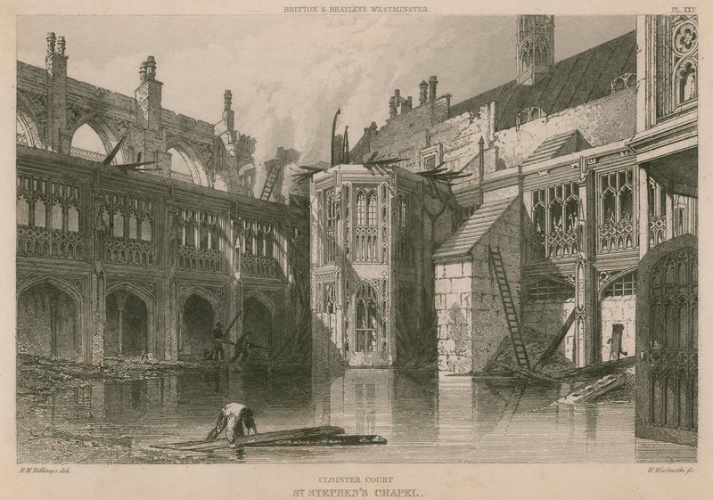Cloister Court, Aziz Stephen Şapeli, 16 Ekim 1834 yangınından sonra by R. W. Billings