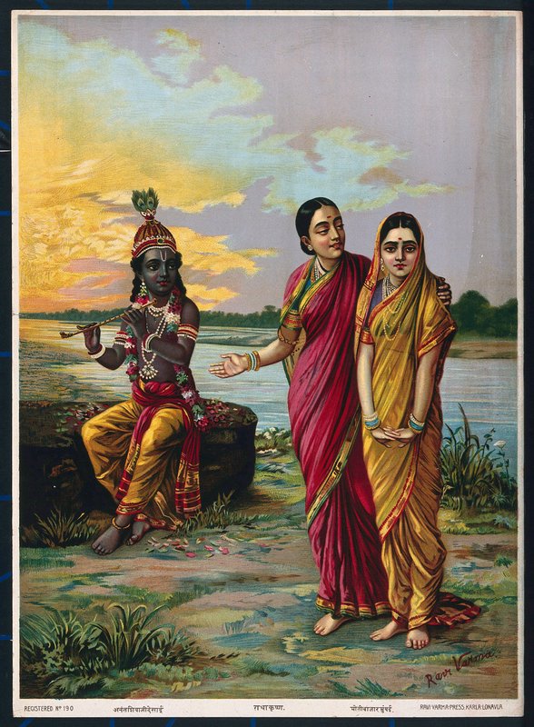 Krishna, 1900'den sonra bir sırdaş aracılığıyla Radha'ya olan aşkını ilan ediyor (renkli taş) by Raja Ravi Varma