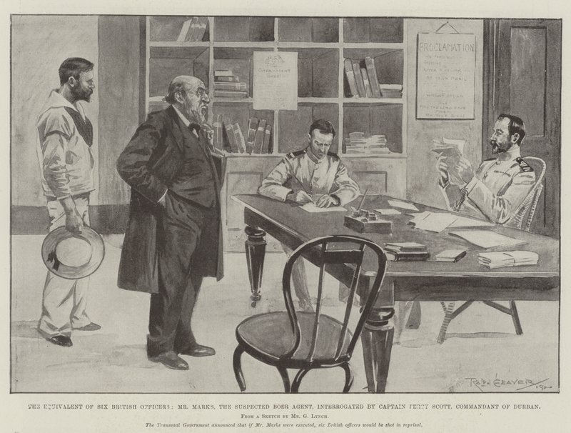 Altı İngiliz Subayın Eşdeğeri, Şüpheli Boer Ajanı Bay Marks, Durban Komutanı Yüzbaşı Percy Scott tarafından sorguya çekildi by Ralph Cleaver