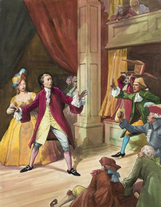 David Garrick (1717-79) tiyatro seyircilerinin isyanıyla karşı karşıya (kağıt üzerine guaj) by Ralph Bruce
