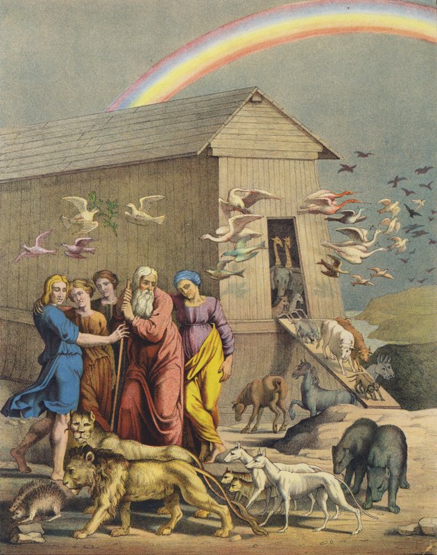 Nuh, ailesi ve tufandan sağ çıktıktan sonra gemiden çıkan hayvanlar (renkli taş) by after Raphael