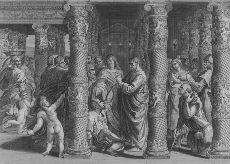 Petrus ve Yuhanna Güzel Kapıda, Elçilerin İşleri 3, Ayet 1-12 (gravür) by after Raphael