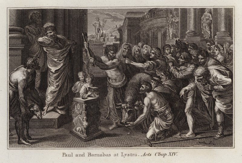 Raphael karikatürü: Paul ve Barnabas, Listra, Elçilerin İşleri, Bölüm XIV (gravür) by after Raphael