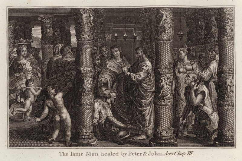 Raphael karikatürü: Peter ve John tarafından iyileştirilen topal Adam, Elçilerin İşleri, Bölüm III (gravür) by after Raphael