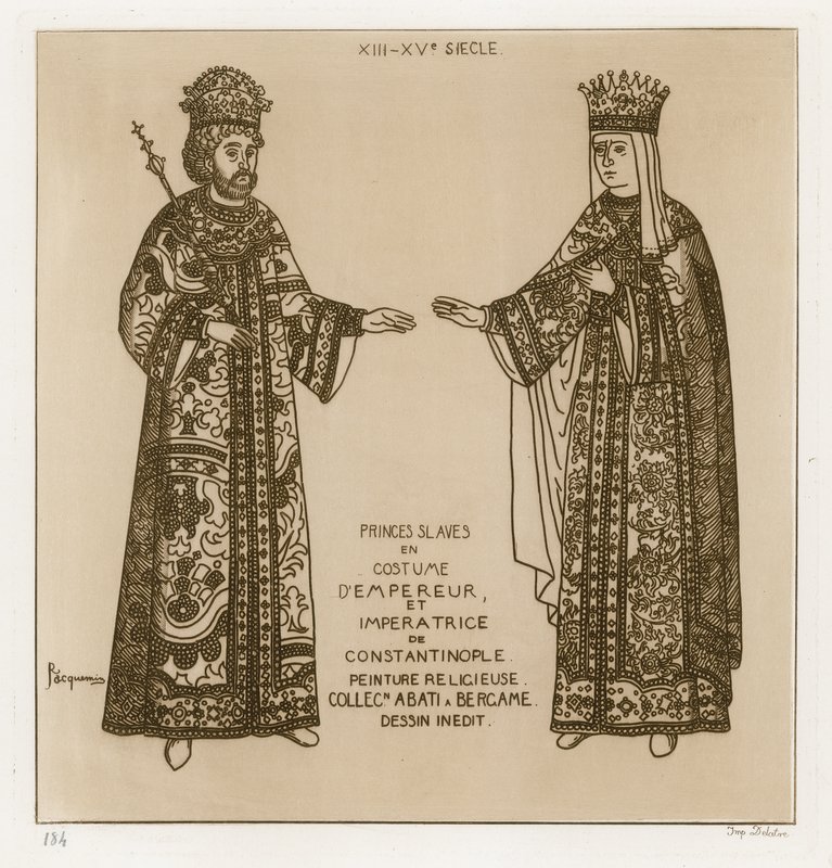 Konstantinopolis İmparatoru ve İmparatoriçesi olarak kostümlü Slav Prensleri (gravür) by Raphael Jacquemin