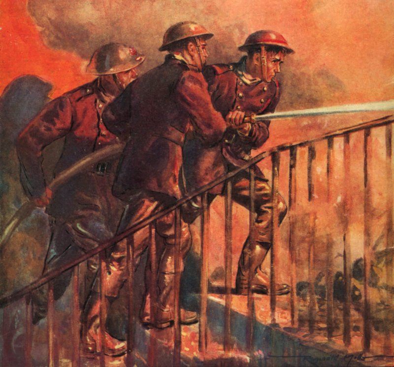 Savaş zamanı Ulusal İtfaiye Teşkilatı'nın İngiliz itfaiyecileri, Blitz, II. Dünya Savaşı sırasında bir yangınla mücadele ediyor by Reginald Mills