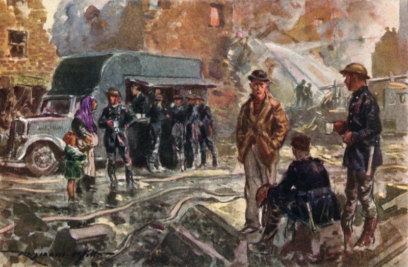 Savaş zamanı İngiliz Ulusal İtfaiye Teşkilatının itfaiyecileri, Blitz, II. Dünya Savaşı sırasında mobil kantin kullanıyor by Reginald Mills