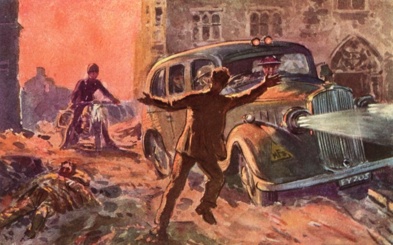 Savaş zamanı İngiliz Ulusal İtfaiye Teşkilatının itfaiyecileri, bir hava saldırısının ağır yaralı bir kurbanının varlığı konusunda uyarılıyor, II. by Reginald Mills