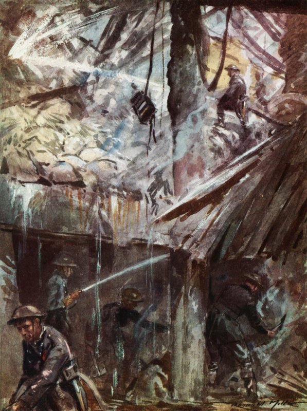 Savaş zamanı İngiliz Ulusal İtfaiye Teşkilatının itfaiyecileri, Blitz, II. Dünya Savaşı sırasında bir hava saldırısından sonra yavaşlıyor by Reginald Mills