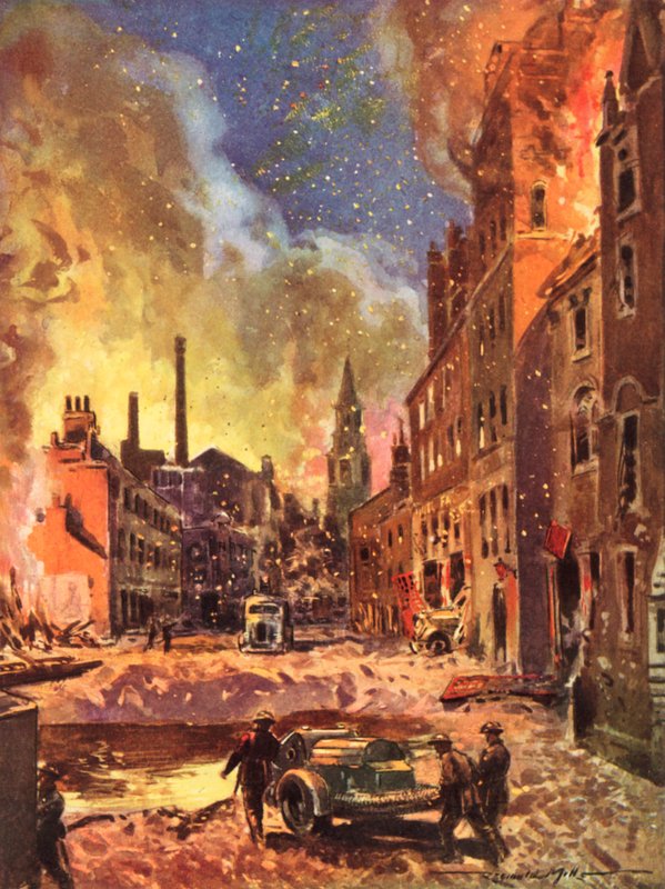 Savaş zamanı İngiliz Ulusal İtfaiye Teşkilatının itfaiyecileri, Blitz, II. Dünya Savaşı sırasında büyük bir bomba kraterini inceliyor by Reginald Mills
