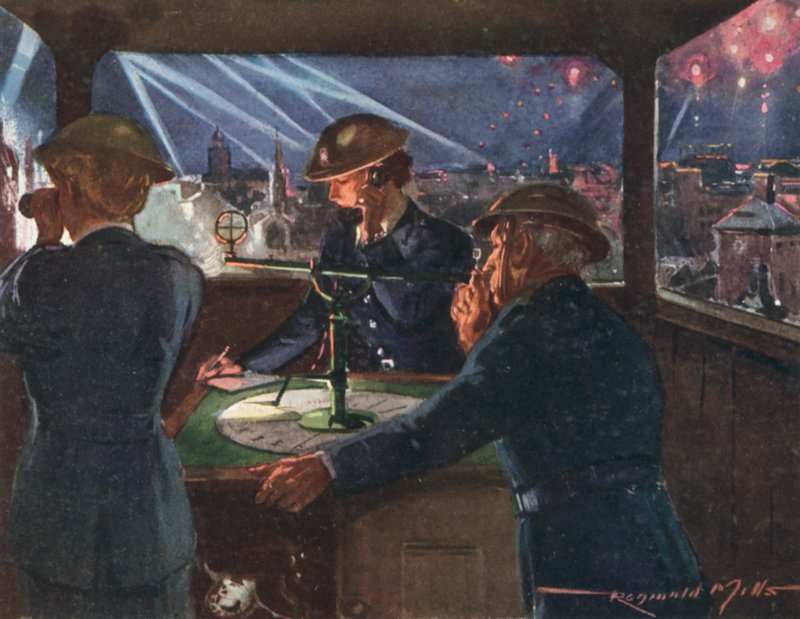 Bir hava saldırısı, II. Dünya Savaşı sırasında savaş zamanı İngiliz Ulusal İtfaiye Teşkilatının gözlem noktası by Reginald Mills