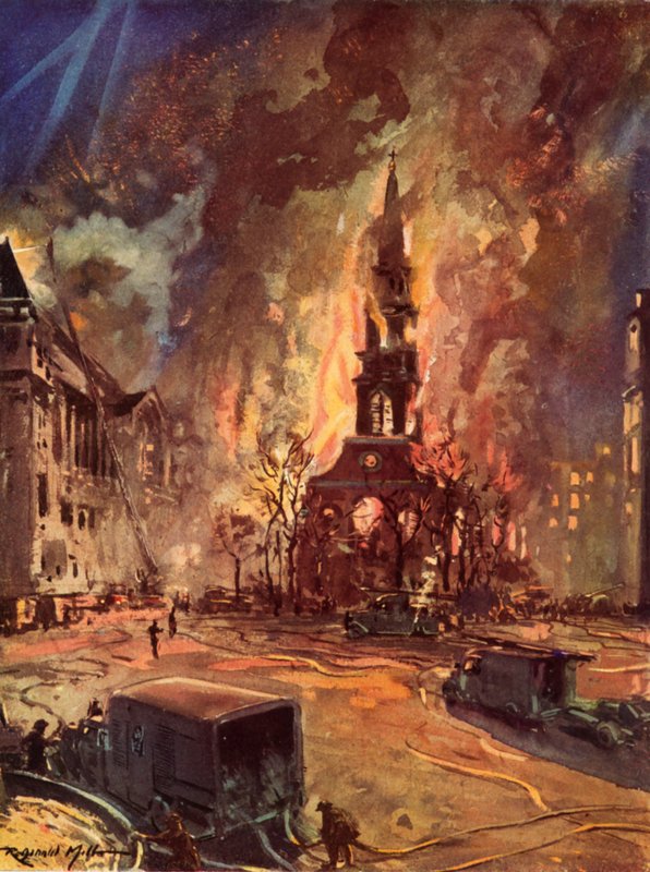 St Clement Danes Kilisesi, Strand, Londra, İkinci Dünya Savaşı sırasında Blitz sırasında yanıyor by Reginald Mills