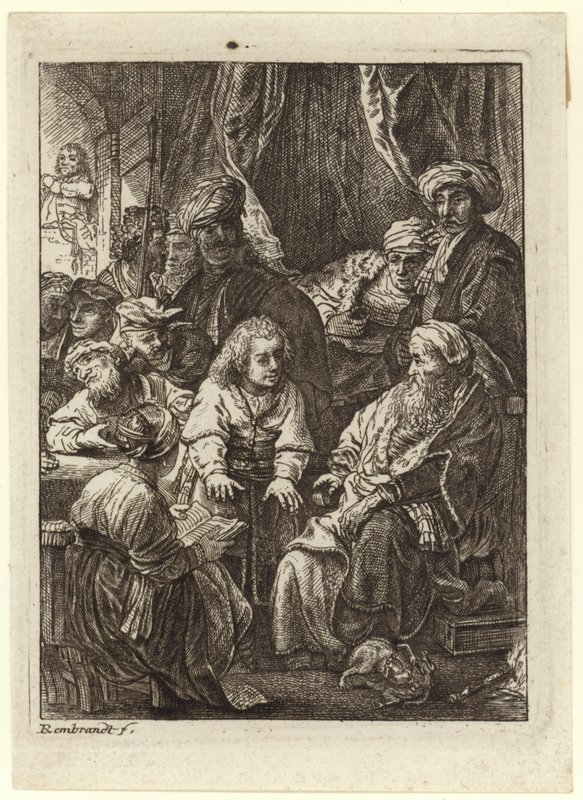 Oturan yaşlı bir adamın etrafında toplanan bir kalabalık by Rembrandt van Rijn