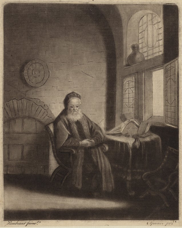 Pencerenin önündeki masada oturan yaşlı, sakallı bir filozof. by Rembrandt van Rijn
