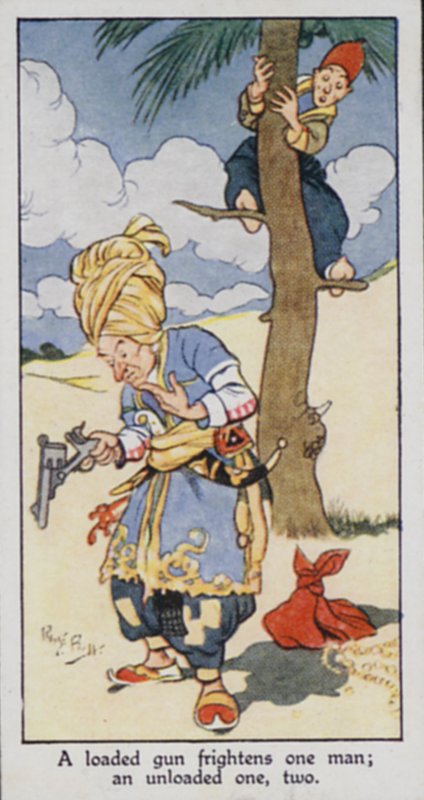 Doğu Atasözü: Dolu bir silah bir adamı korkutur; yüksüz bir, iki (renkli lito) by René Bull