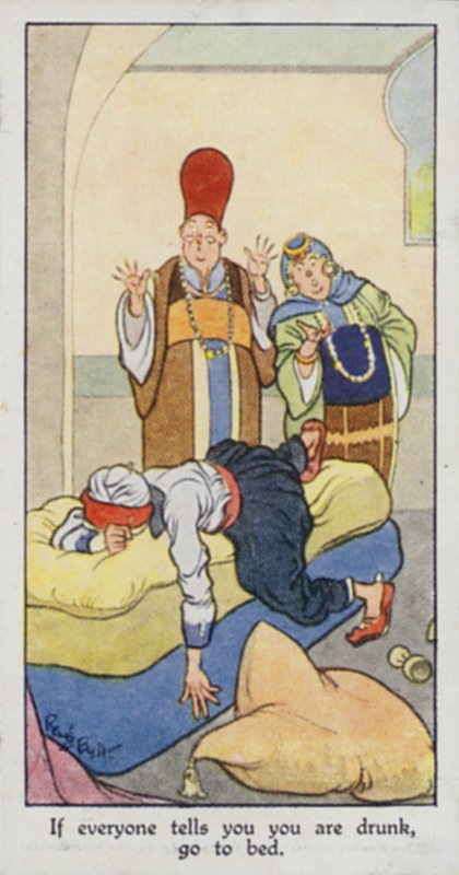 Doğu Atasözü: Herkes sarhoş olduğunu söylerse yatağa git (renkli taş) by René Bull