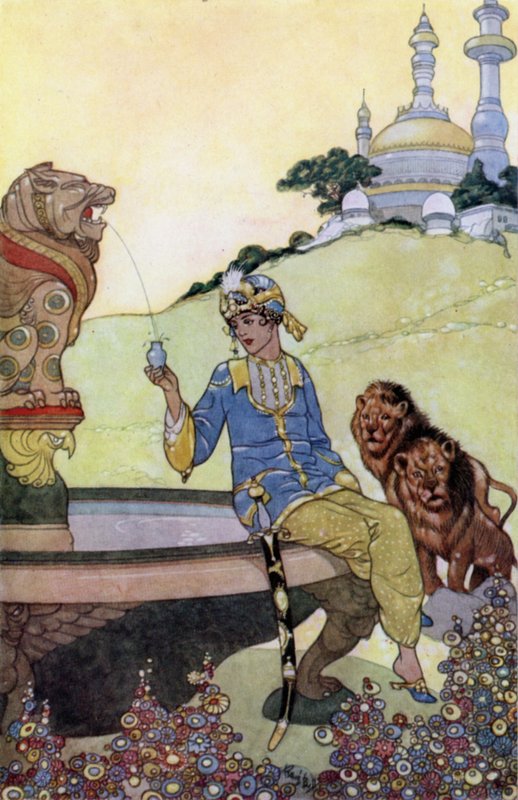 Prens Ahmed Şişesini Dolduruyor (renkli taş) by René Bull