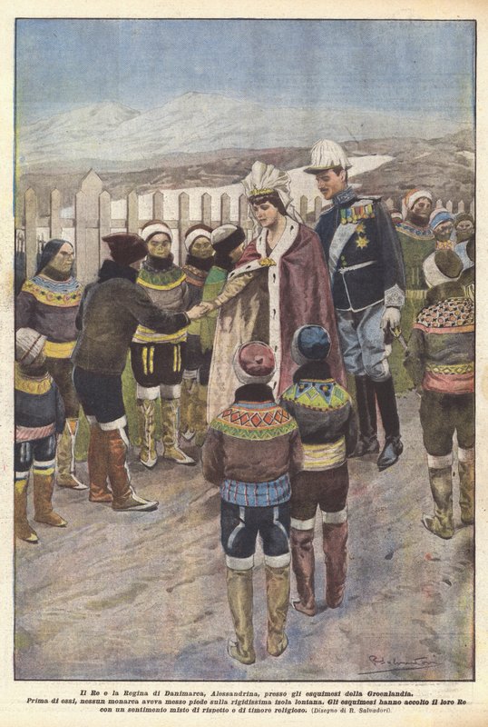 Danimarka Kralı ve Kraliçesi Alexandrine, Grönland Eskimolarına (renkli taş) by Riccardo Salvadori