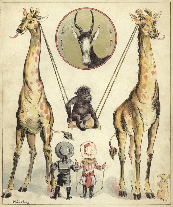 Maymunla oynayan zürafalar (chromolitho) by Richard Andre