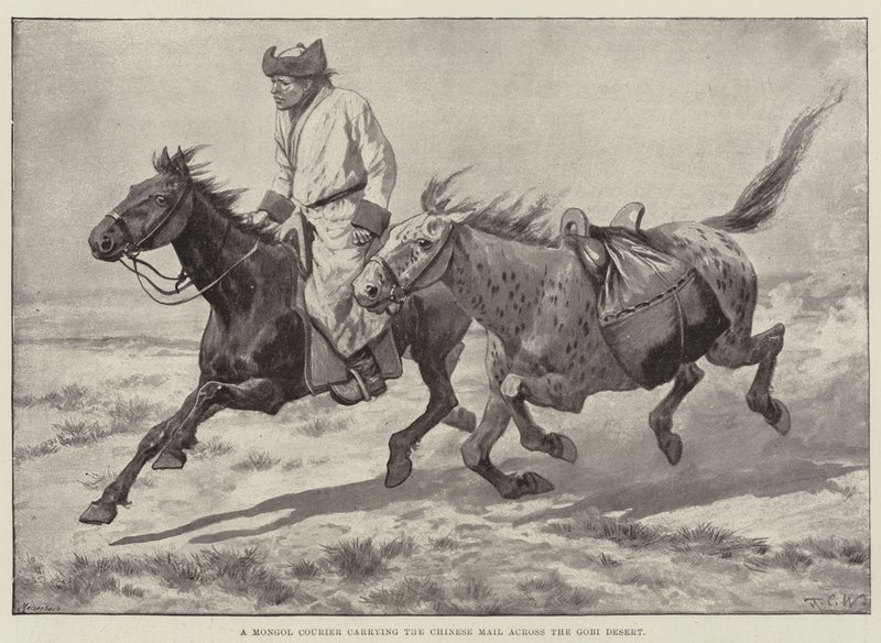 Çin Postalarını Gobi Çölü boyunca taşıyan bir Moğol Kuryesi by Richard Caton Woodville junior