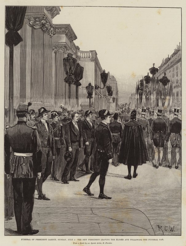 Başkan Carnot'un Cenazesi, 1 Temmuz Pazar, Yeni Başkanın Elysee'den ayrılması ve Cenaze Arabasının ardından by Richard Caton Woodville junior