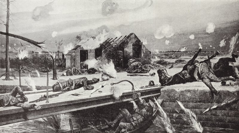 Lance-Corporal Charles Jarvis blowing up the bridge at Jemappes, Belgium, 23 August, 1914  by Richard Caton Woodville junior