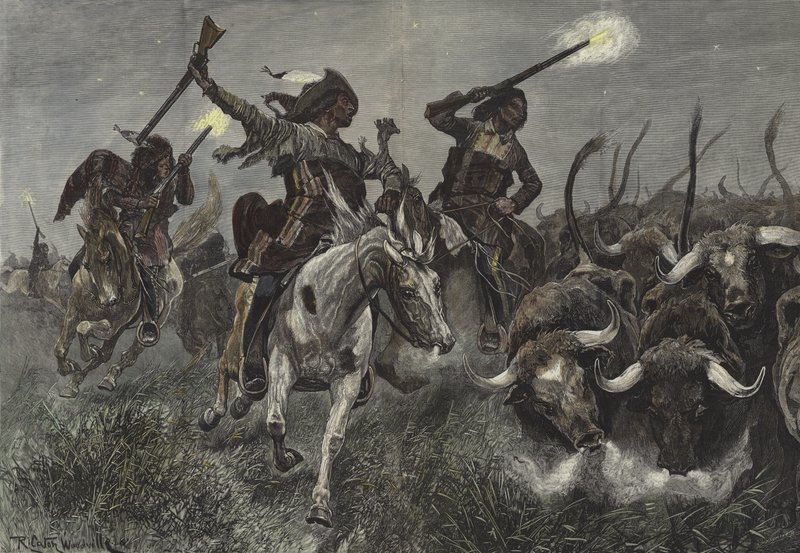 Kuzey Amerika Kızılderilileri sığırları çiftliğe koşturuyor by Richard Caton Woodville junior