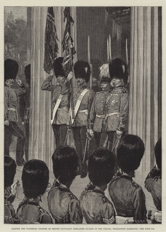 İkinci Tabur Koruma Muhafızlarının Waterloo Renklerini Şapel, Wellington Kışlasına Yerleştirme by Richard Caton Woodville junior