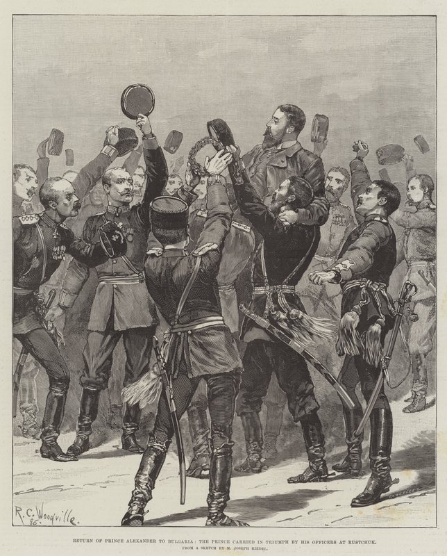 Prens Alexander'ın Bulgaristan'a dönüşü, Triumph'ta Subayları tarafından Rustchuk'ta taşınan Prens by Richard Caton Woodville junior