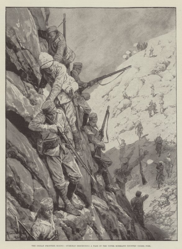 Hindistan Sınırı Yükseliyor, Gurkhalar Yukarı Mohmand Ülkesinde Ateş Altında Bir Geçitten İniyor by Richard Caton Woodville junior