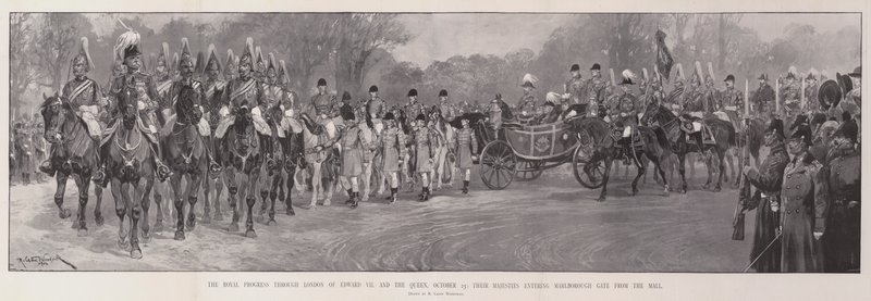 The Royal Progress through London of Edward VII and the Queen, 25 October, Their Majesties entering Marlborough Gate from the Mall  by Richard Caton Woodville junior