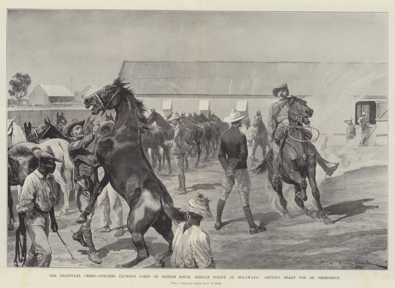 ಟ್ರಾನ್ಸ್‌ವಾಲ್ ಕ್ರೈಸಿಸ್, ಬುಲವಾಯೊದಲ್ಲಿನ ಬ್ರಿಟಿಷ್ ದಕ್ಷಿಣ ಆಫ್ರಿಕಾದ ಪೋಲೀಸ್‌ನ ಕರ್ನಲ್ ಪ್ಲುಮರ್ಸ್ ಕಾರ್ಪ್ಸ್, ತುರ್ತು ಟರ್ಕ್‌ಗೆ ತಯಾರಾಗುತ್ತಿದೆ by Richard Caton Woodville junior