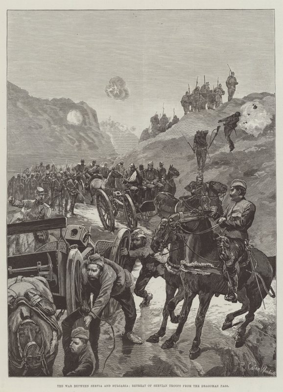 Sırbistan ile Bulgaristan Arasındaki Savaş, Sırp Birliklerinin Dragoman Geçidi'nden Çekilmesi by Richard Caton Woodville junior