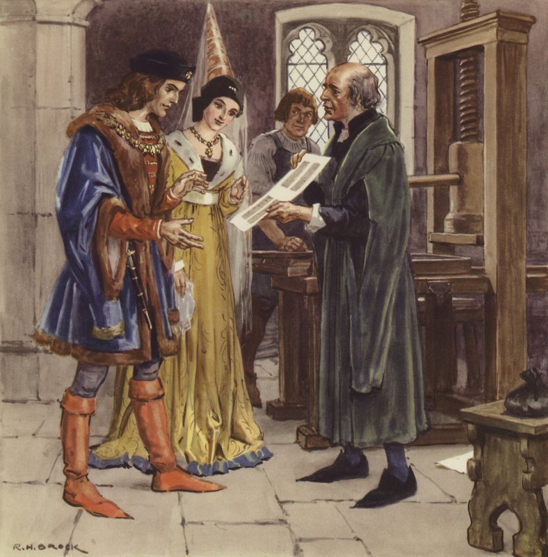 William Caxton, Edward IV ve Kraliçesine basılı bir sayfa gösteriyor by Richard Henry Brock