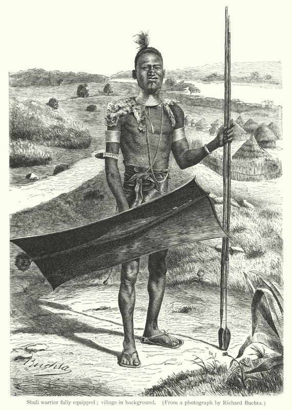 Shuli savaşçısı tam donanımlı; arka planda köy (gravür) by Richard (after) Buchta