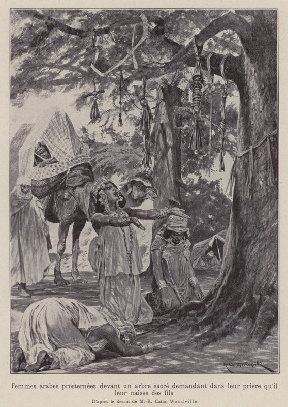 Arap kadınları, kendilerine çocuk verilmesi için dua ederken kutsal bir ağacın önünde secde ediyorlar (lito) by Richard Caton II (after) Woodville