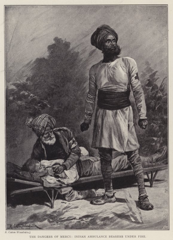 Merhametin tehlikeleri, Hint Ambulans Taşıyıcıları ateş altında (lito) by Richard Caton II (after) Woodville
