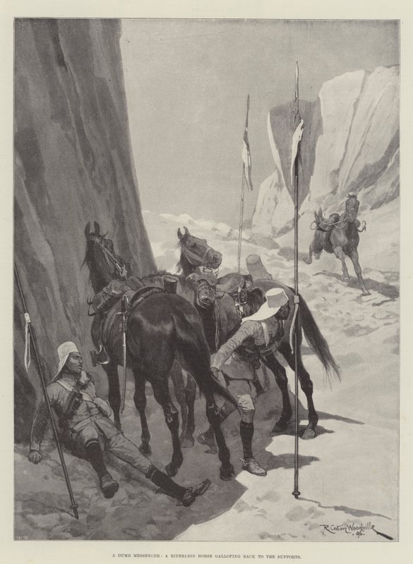 Bir Aptal Haberci, Desteklere dört nala koşan Binicisiz bir At by Richard Caton Woodville junior