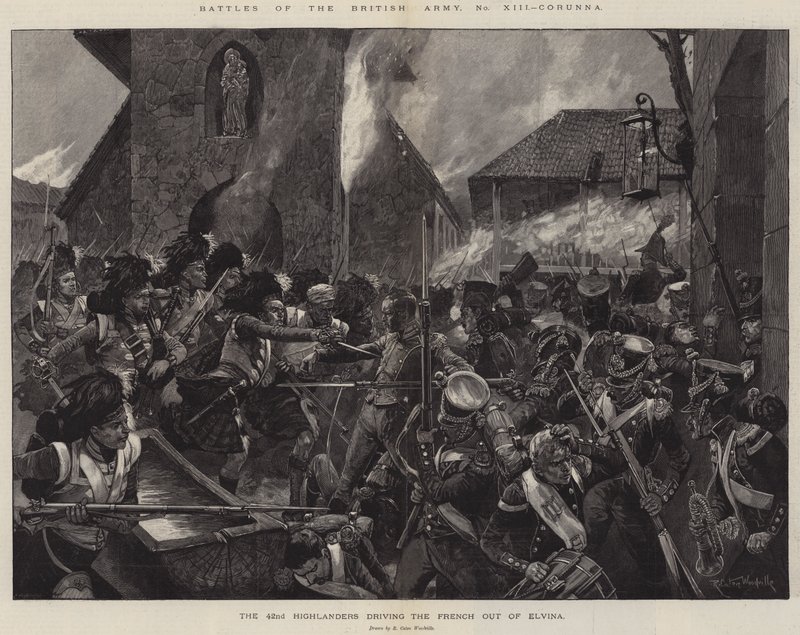 İngiliz Ordusu, Corunna, 42. Highlanders'ın Fransızları Elvina'dan süren savaşları by Richard Caton Woodville junior