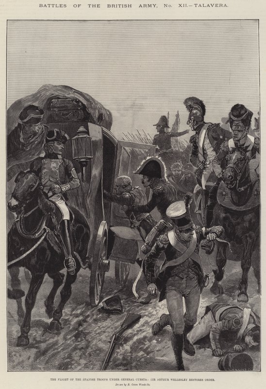 İngiliz Ordusu Savaşları, Talavera, General Cuesta komutasındaki İspanyol Birliklerinin Uçuşu, Sir Arthur Wellesley Düzeni yeniden sağlıyor by Richard Caton Woodville junior