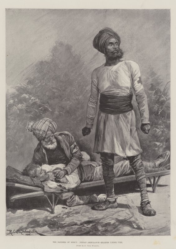 Merhametin Tehlikeleri, Hintli Ambulans Taşıyıcıları Ateş Altında by Richard Caton Woodville junior