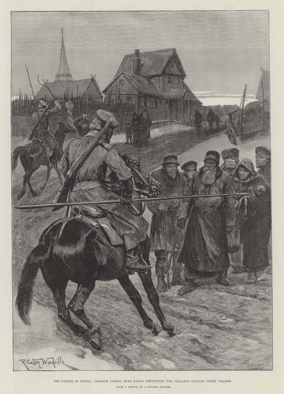 Rusya'daki Kıtlık, Kazan yakınlarındaki Kazak Devriyesi, Köylülerin Köylerini terk etmelerini engelliyor. by Richard Caton Woodville junior