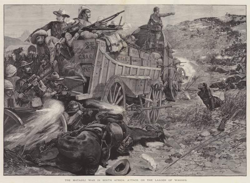 Güney Afrika'daki Matabili Savaşı, Vagonların Laager'ına Saldırı by Richard Caton Woodville junior