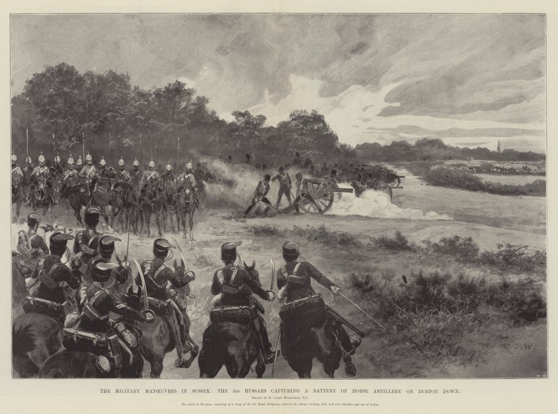 Sussex'teki Askeri Manevralar, Burton Down'da bir Atlı Topçu Bataryası ele geçiren 3. Hussars by Richard Caton Woodville junior