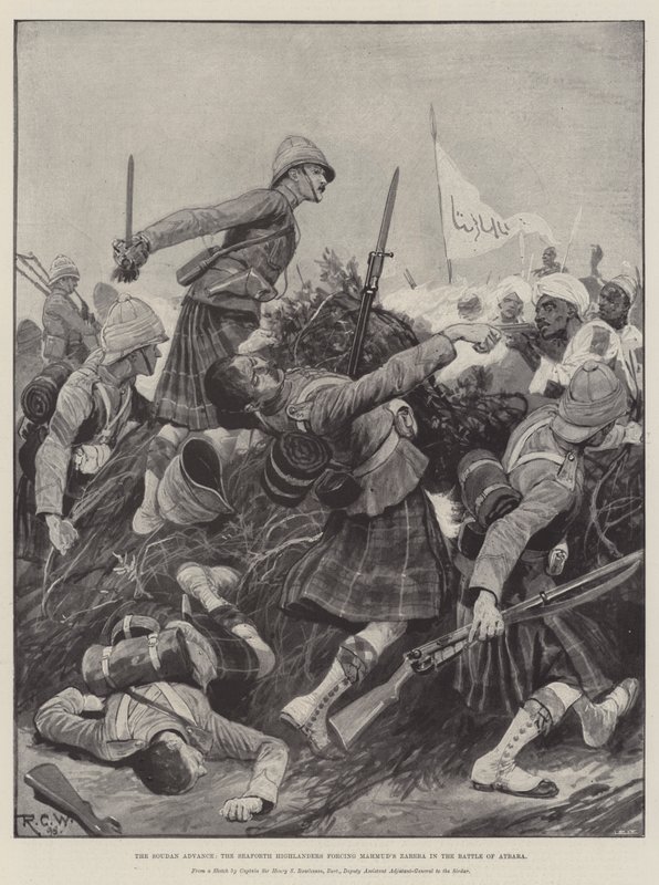 Soudan İlerlemesi, Seaforth Highlanders, Mahmud'un Zareba'sını Atbara Savaşı'nda zorluyor by Richard Caton Woodville junior