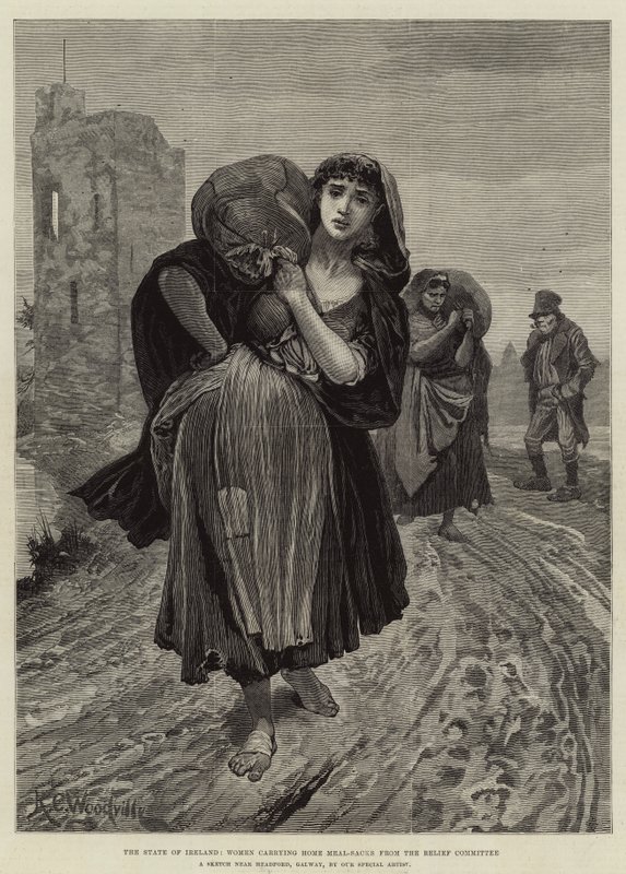 İrlanda Eyaleti, Yardım Komitesinden Evde Yemek Çuvalları Taşıyan Kadınlar by Richard Caton Woodville junior
