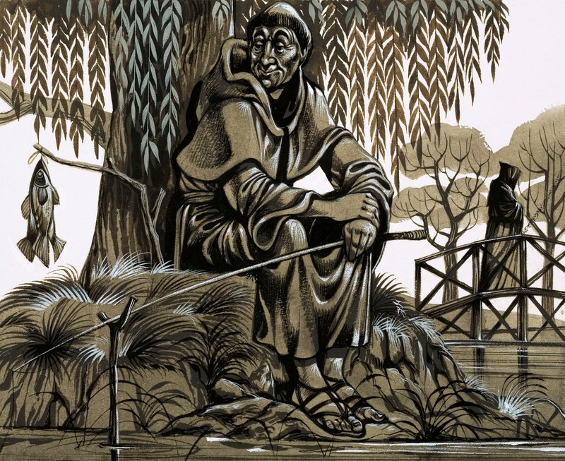 Mutlu görünümlü bir keşiş, bir tanesini potaya indiriyor (kağıt üzerine guaj) by Richard Hook