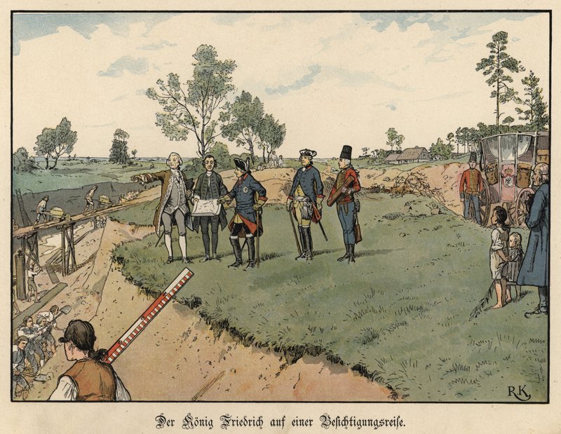Frederick the Great of Prussia inspecting civil engineering works  by Richard Knoetel