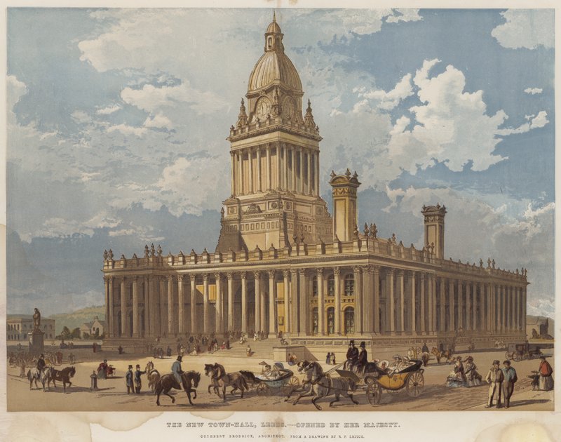 Yeni Belediye Binası, Leeds, Majesteleri tarafından açıldı (chromolitho) by Richard Principal Leitch