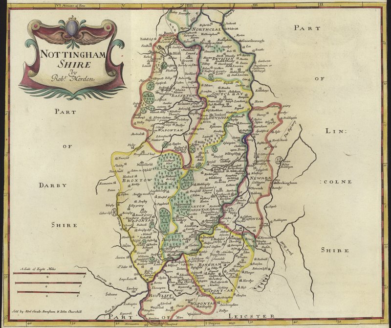 Nottinghamshire Haritası (renkli gravür) by Robert Morden